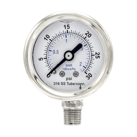 Pro 1 1/2 in Dial, 0/30 PSI & Bar, 1/8 in NPT, Lower Mount Glycerin Filled Pressure Gauge PRO-301L-158C-01